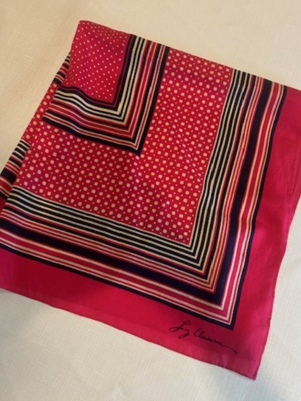 LIZ CLAIBORNE 100% Silk Red/White/Blue Square SCARF - Picture 7 of 9